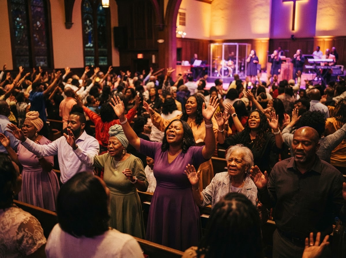 The congregation worshiping with raised hands at King's House Church