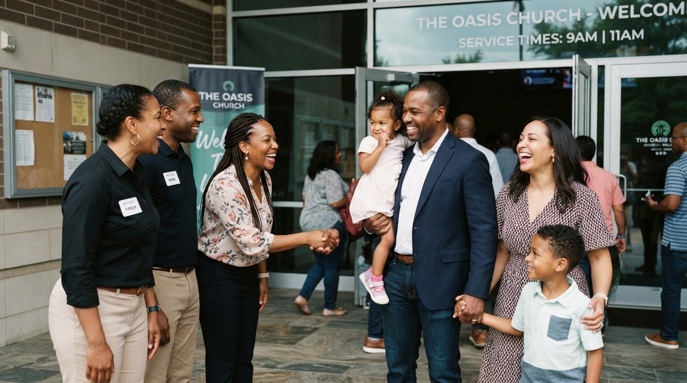 A family being welcomed at the doors of King's House Church